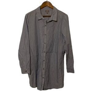 J. Jill Pinstripe Ruffle Front Long Sleeve Button Down Dress Shirt in Navy Blue